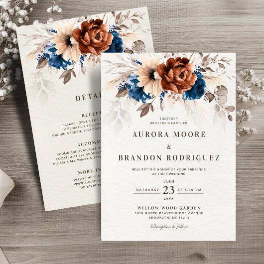 Invitation Terracotta Marine Pampas Grass tout en un Mariage