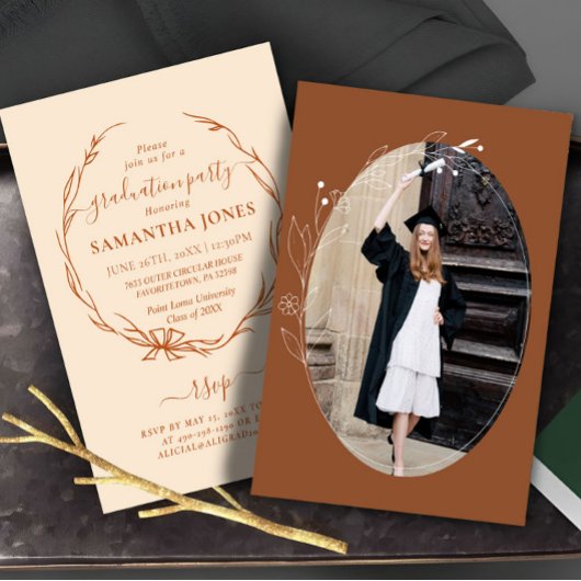 Invitation Terracotta Minimal Foliage Photo Graduation Party