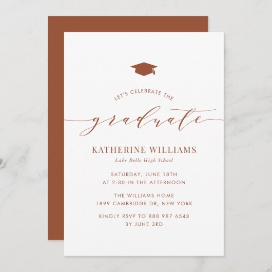 Invitation Terracotta Minimaliste Script Graduation Party (Devant / Derrière)