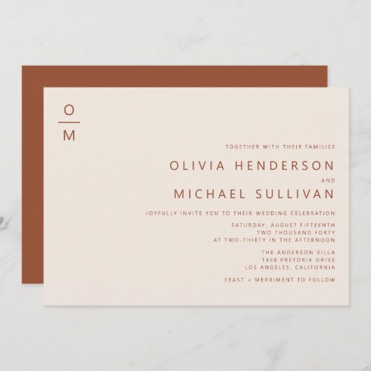 Invitation Terracotta minimaliste typographie Monogramme Mari (Devant / Derrière)