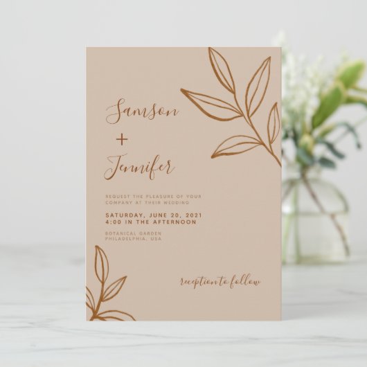 Invitation Terracotta moderne avec Mariage Boho Feuille (Debout devant)