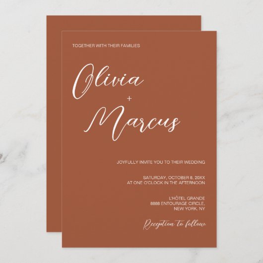 Invitation Terracotta Moderne Chic Script Mariage Entourage (Devant / Derrière)