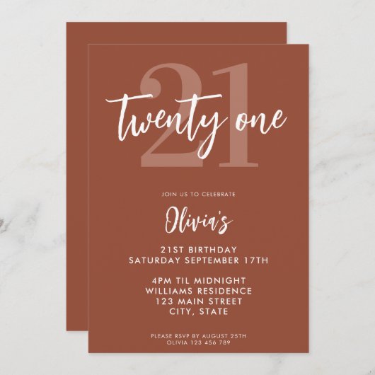 Invitation Terracotta moderne Elégant 21e anniversaire (Devant / Derrière)