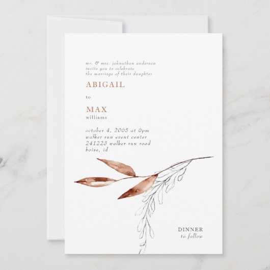 Invitation Terracotta Moderne Foliage Mariage (Devant)