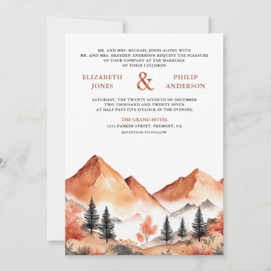 Invitation Terracotta Mountain Forest Photo QR Code Mariage (Devant)