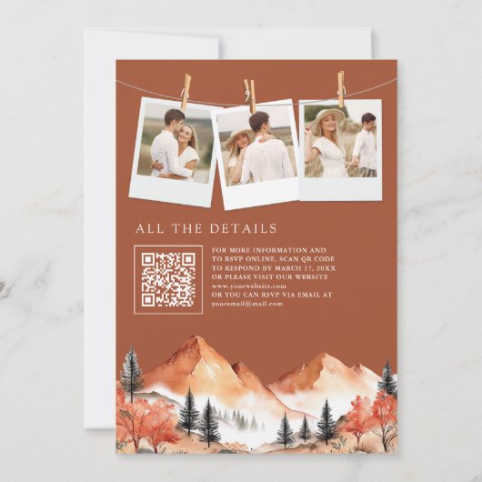 Invitation Terracotta Mountain Forest Photo QR Code Mariage (Dos)