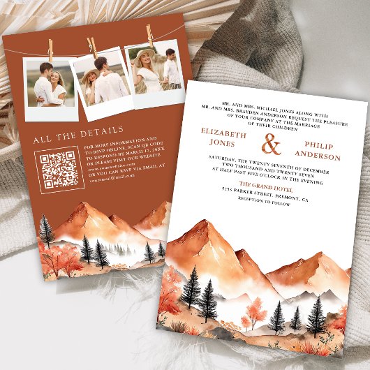 Invitation Terracotta Mountain Forest Photo QR Code Mariage