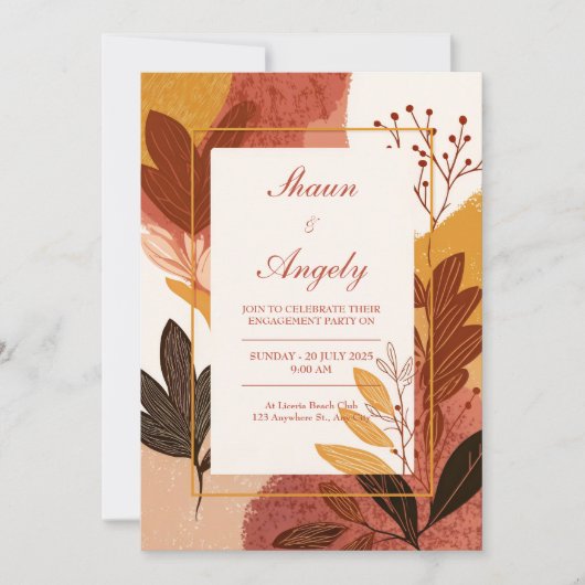 Invitation Terracotta Mustard Abstract Leaf Wedding (Devant)