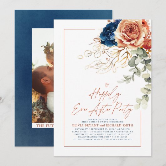 Invitation Terracotta & Navy Blue Floral Engagement Party (Devant / Derrière)
