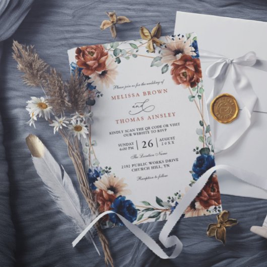 Invitation Terracotta Navy Blue Greenery Chic QR Code Wedding