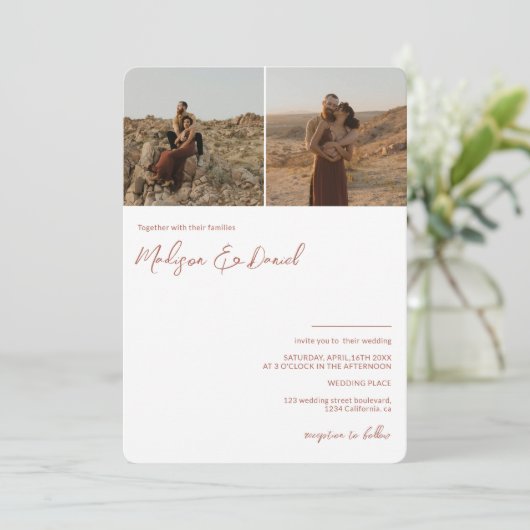 Invitation Terracotta nom de script 3 photos code qr mariage (Debout devant)