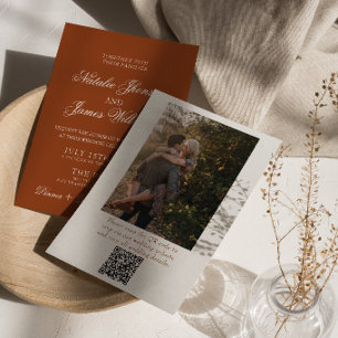 Invitation Terracotta Orange Brûlé Code QR Photo Mariage