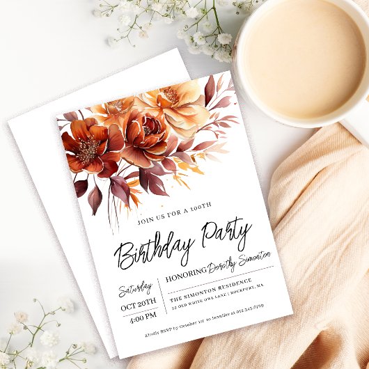 Invitation Terracotta Orange Fall Flowers 100e anniversaire