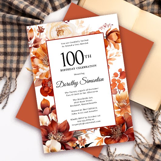Invitation Terracotta Orange Fall Flowers 100e anniversaire