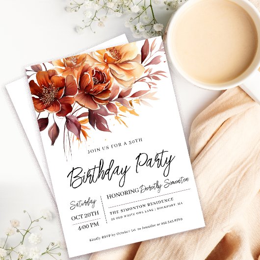 Invitation Terracotta Orange Fall Flowers 30e anniversaire