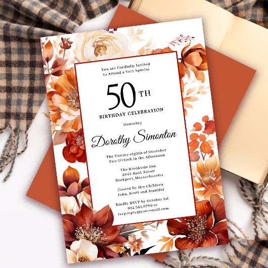 Invitation Terracotta Orange Fall Flowers 50e anniversaire