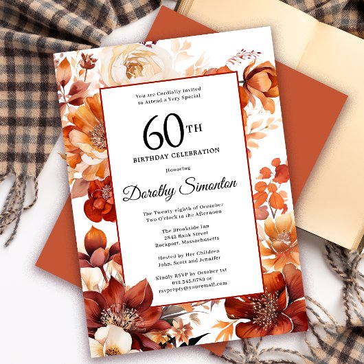 Invitation Terracotta Orange Fall Flowers 60e anniversaire