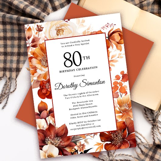 Invitation Terracotta Orange Fall Flowers 80e anniversaire
