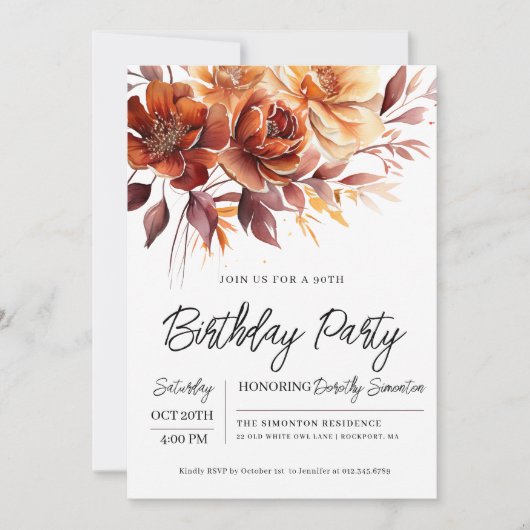 Invitation Terracotta Orange Fall Flowers 90e anniversaire (Devant)