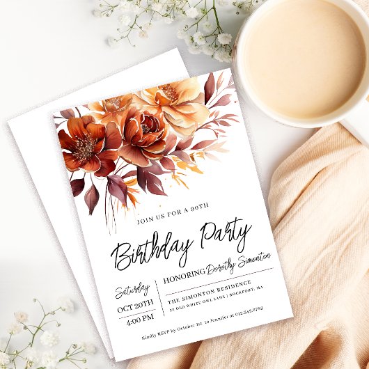 Invitation Terracotta Orange Fall Flowers 90e anniversaire