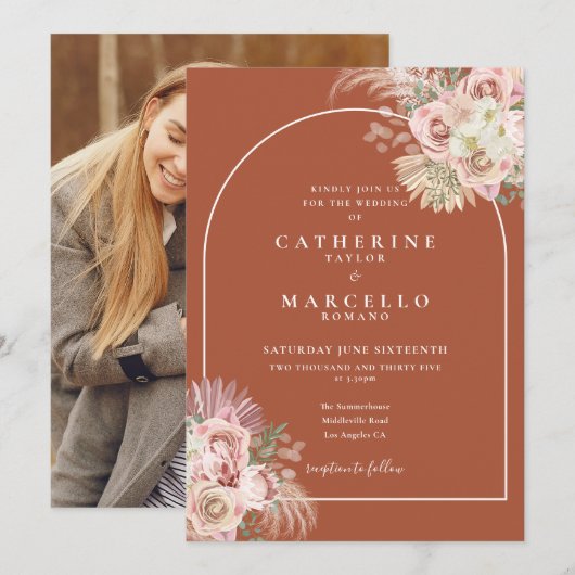 Invitation Terracotta Pampas Arc de laiton Mariage photo flor (Devant / Derrière)