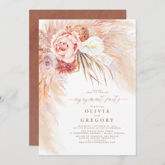 Invitation Terracotta Pampas Fête d'Engagement Floral Grass (Devant / Derrière)