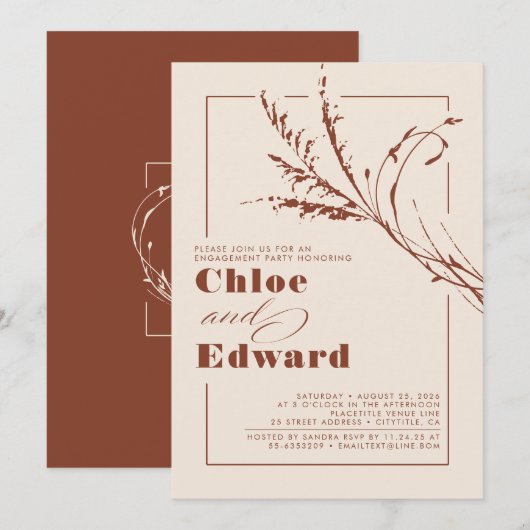 Invitation Terracotta Pampas Grass Parti d'engagement moderne (Devant / Derrière)