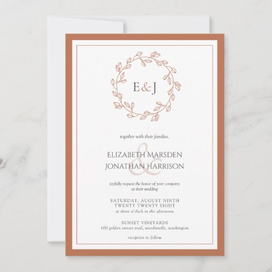 Invitation Terracotta QR Code Photo Monogramme Feuille Faille (Devant)