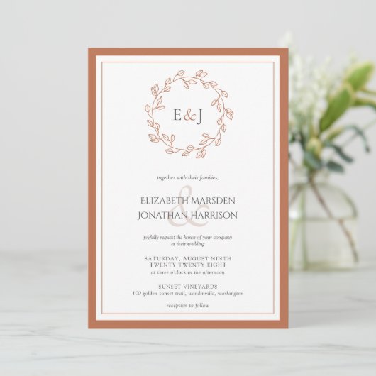 Invitation Terracotta QR Code Photo Monogramme Feuille Faille (Debout devant)