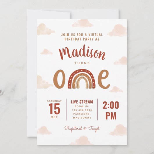 Invitation Terracotta Rainbow Boho Virtual First Birday (Devant)