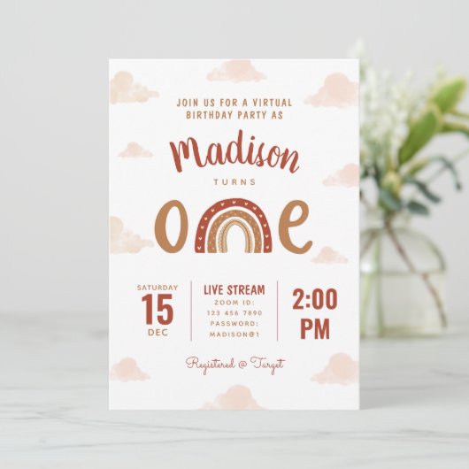Invitation Terracotta Rainbow Boho Virtual First Birday (Debout devant)