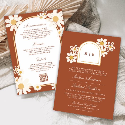 Invitation Terracotta Retro Yellow Daisy All in One Wedding