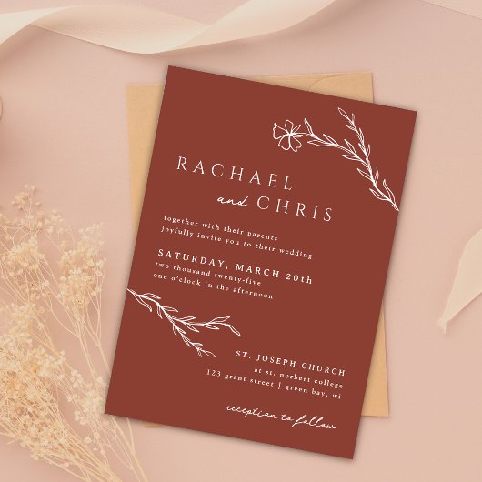 Invitation Terracotta Rust Minimalis Floral Botanal QR Code