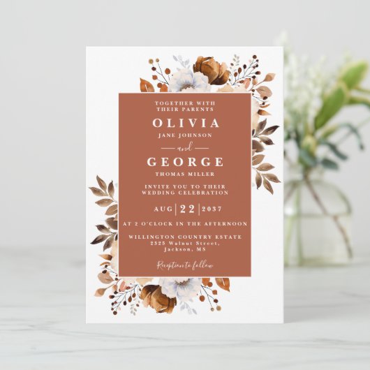 Invitation Terracotta Rustic Floral Code QR Mariage (Debout devant)