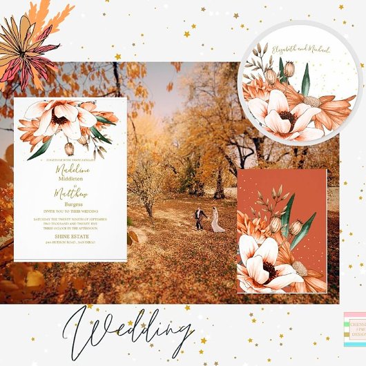 Invitation Terracotta Rustic Orange Floral Elegant Wedding