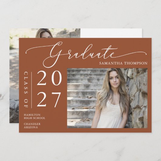 Invitation Terracotta Script minimal Graduation à l'école Pho (Devant / Derrière)