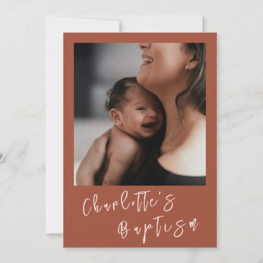 Invitation Terracotta Script Moderne Bébé Photo Baptême (Devant)
