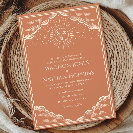 Invitation Terracotta soleil et lune Tarot Mariage gothique