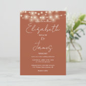 Invitation Terracotta String Lights Chic Script Photo Mariage (Debout devant)
