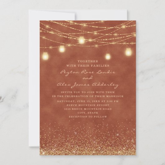 Invitation Terracotta String Lights Gold Parties scintillant  (Devant)