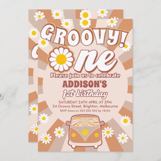 Invitation Terracotta Super One Retro 1er anniversaire (Devant / Derrière)