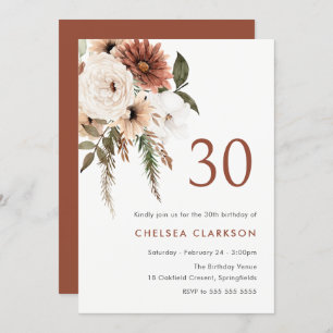 Invitation Terracotta & White Boho Floral 30e fête d'annivers