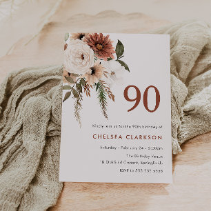 Invitation Terracotta & White Boho Floral 90e fête d'annivers