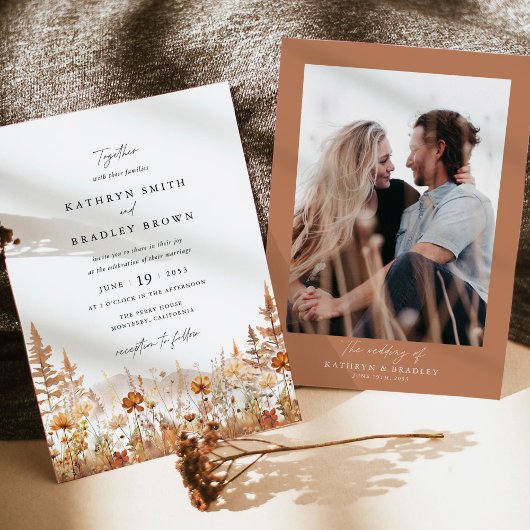 Invitation Terracotta Wildflower Mountain Photo Back Wedding