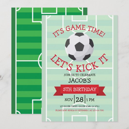 Invitation Terrain de football tendance et ruban Anniversaire (Devant / Derrière)