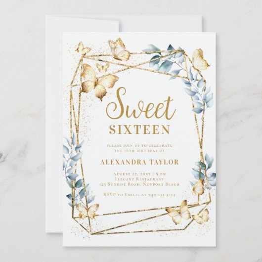 Invitation Terrarium Cadre géométrique Or Papillon doux 16 (Devant)