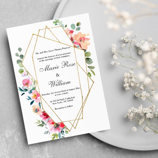 Invitation Terrarium doré blanc menthe rose Mariage floral