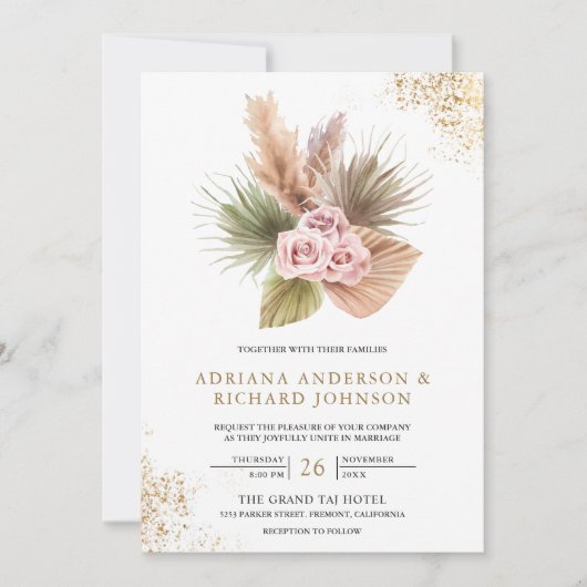 Invitation Terrarium Pampas Dusty Rose Roses QR Code Mariage (Devant)