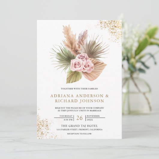 Invitation Terrarium Pampas Dusty Rose Roses QR Code Mariage (Debout devant)