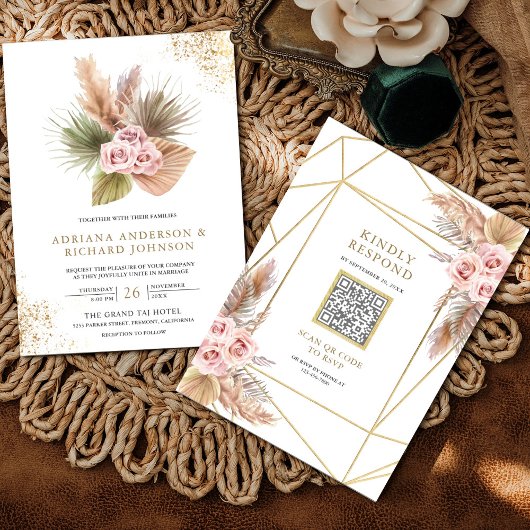 Invitation Terrarium Pampas Roses Rose Poussiéreuse Code QR M